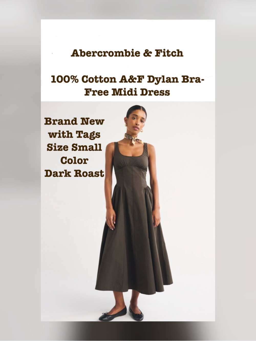 Abercrombie & Fitch 100% Cotton A&F Dylan Bra-Free Midi Dress in Dark Roast